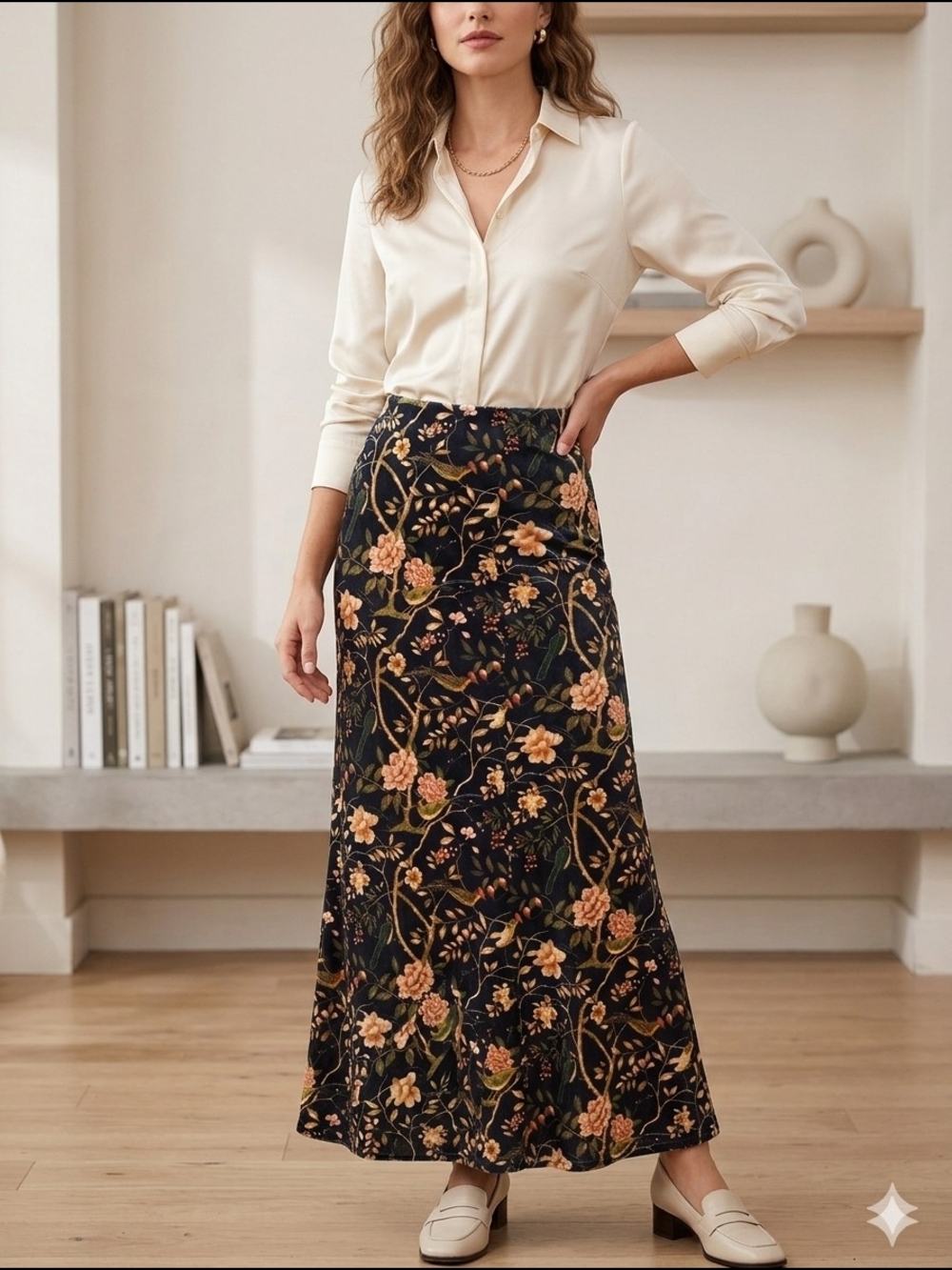 NWT Elizabeth James The Label Velvet Bird Floral Maxi‎ Skirt Medium